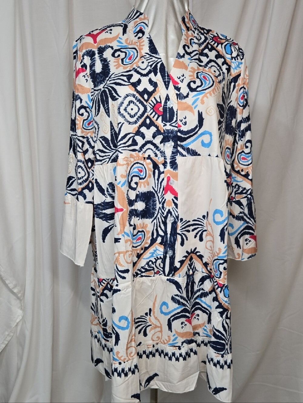 Women’s Printed Midi Boho Dress in Ivory with Navy & Pastel Accents